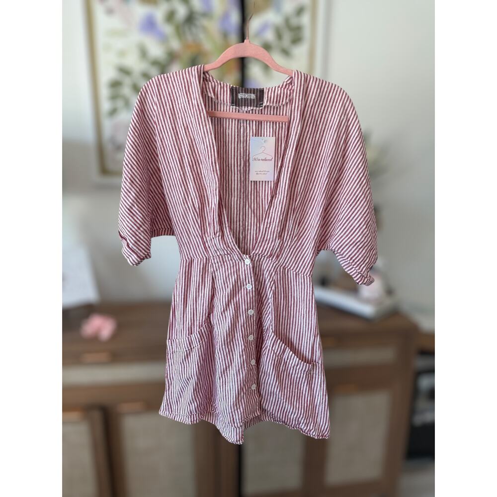 Reformation 100% Linen Striped Cecilia Kimono Mini Dress Red White Womens Size 4 - Picture 5 of 15